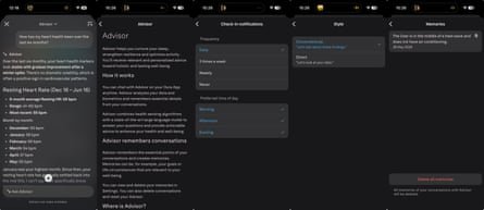 Screenshots showing various Oura AI advisor interactions and settings.