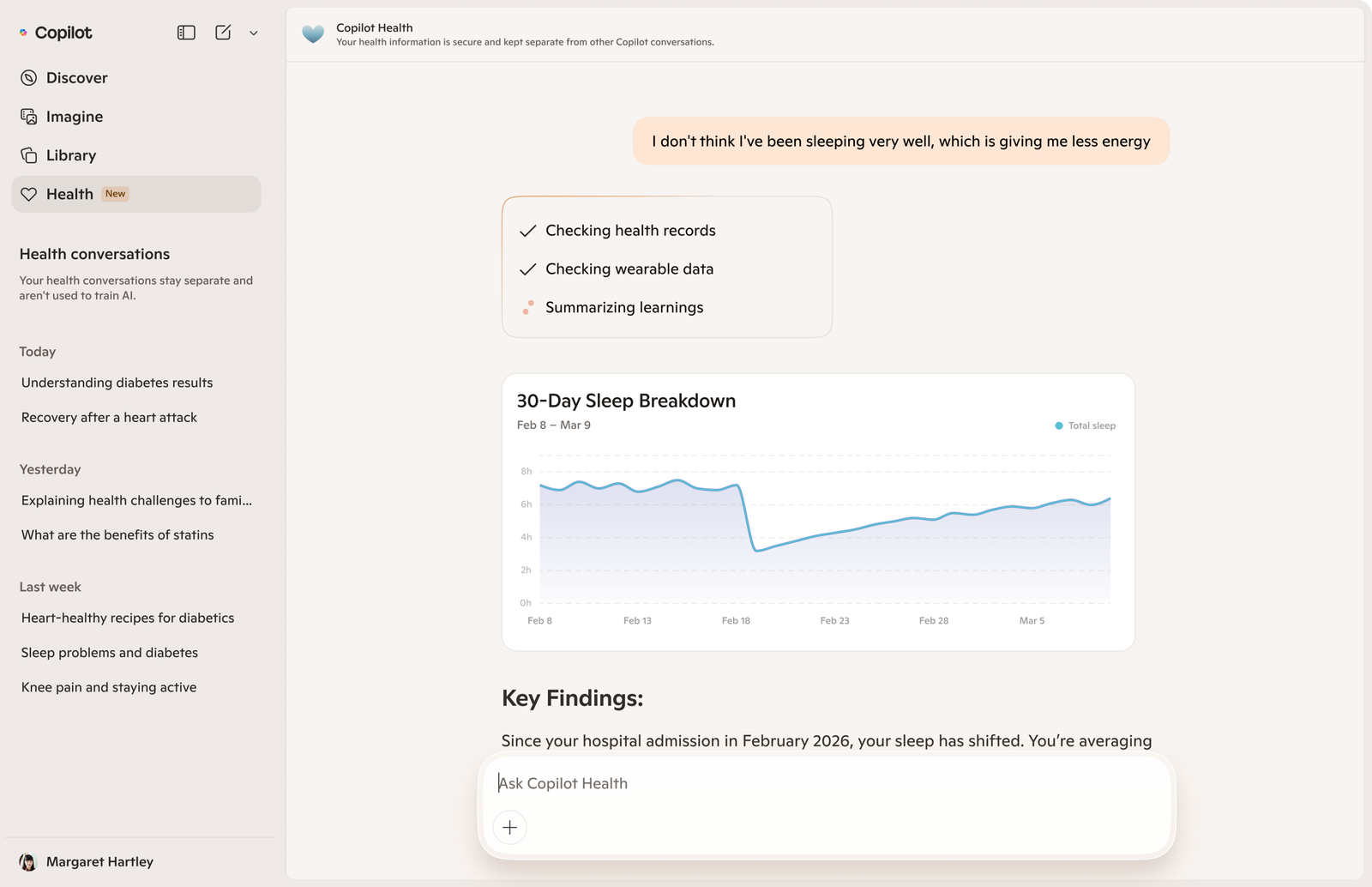 A screenshot of a chat in Copilot Health