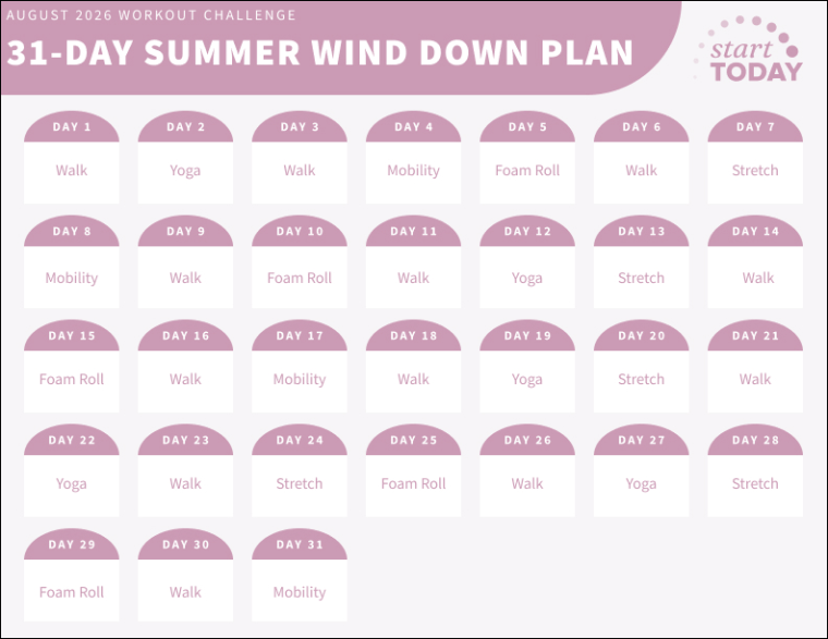 Start TODAY Summer Wind Down Challenge Calendar