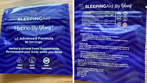 Fiona Cameron A side-by-side composite showing the front and back of a packet of Hypno by Bhang. It says "Herbal & Mineral Food Supplements Remineralize your body while you Sleep"