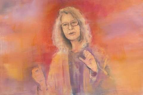 Oil painting of Elyn Saks with a red and orange background.