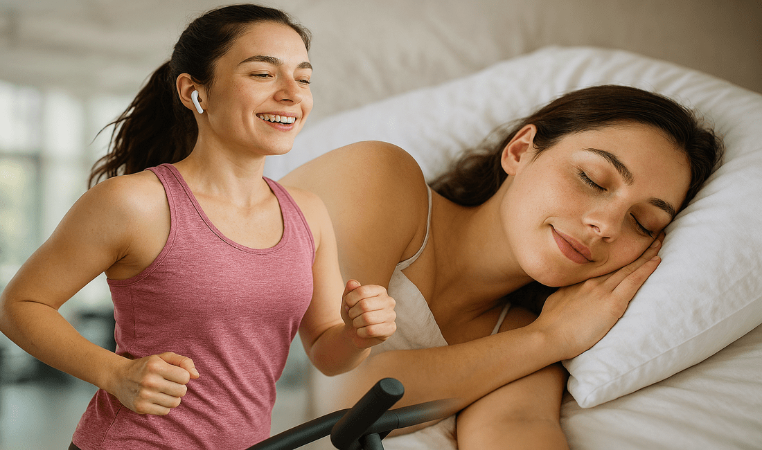 Conceptual split image showing the same woman jogging on a treadmill in athletic clothing alongside a peaceful nighttime scene of her resting comfortably in bed, illustrating the healthy connection between regular exercise and restorative sleep.