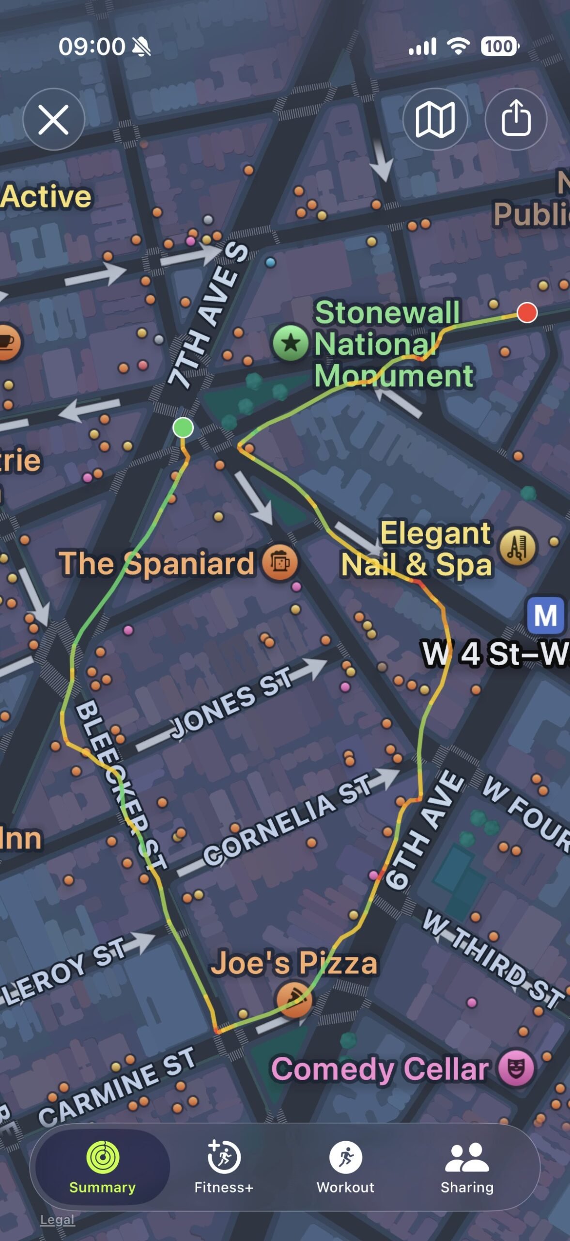 <em>The Apple Watch Ultra 3’s map for the same walk is still pretty good, but I’m not walking through those buildings on the corner of 6th avenue or Bleecker Street.</em>