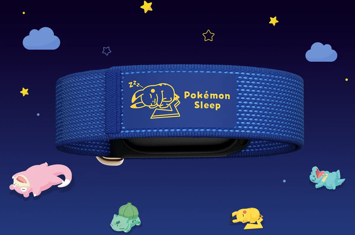 Fitbit band with an illustration of a sleeping Pikachu on it next to the text "Pokemon Sleep". Around the band are clouds, stars, and various sleeping pokemon