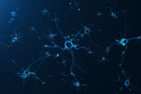 Blue abstract representation of interconnected neurons on a dark background.