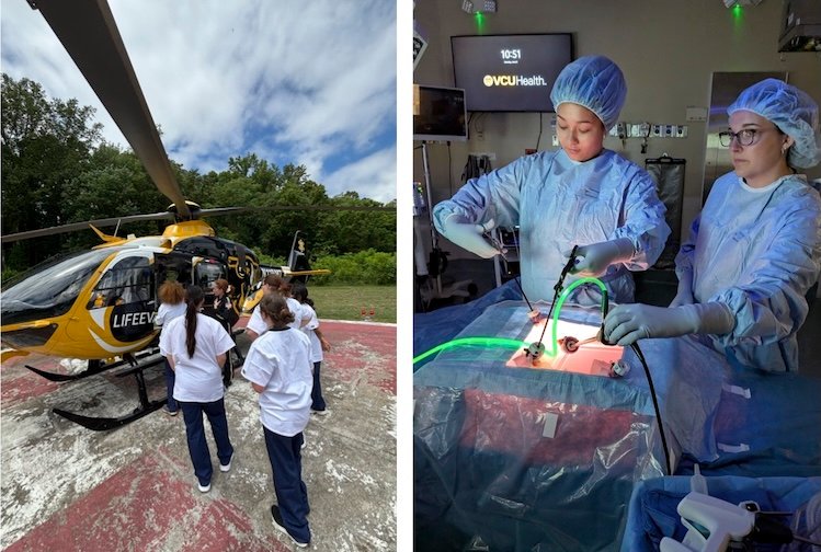 Students look at a medical helicopter and perform a mock surgery in a staged operating room