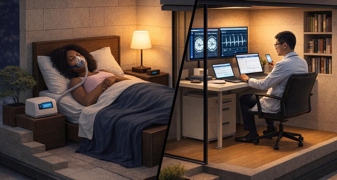 Split image showing a person sleeping in bed using a CPAP machine on one side, and on the other side a health care professional seated at a desk reviewing sleep study data on multiple computer monitors.