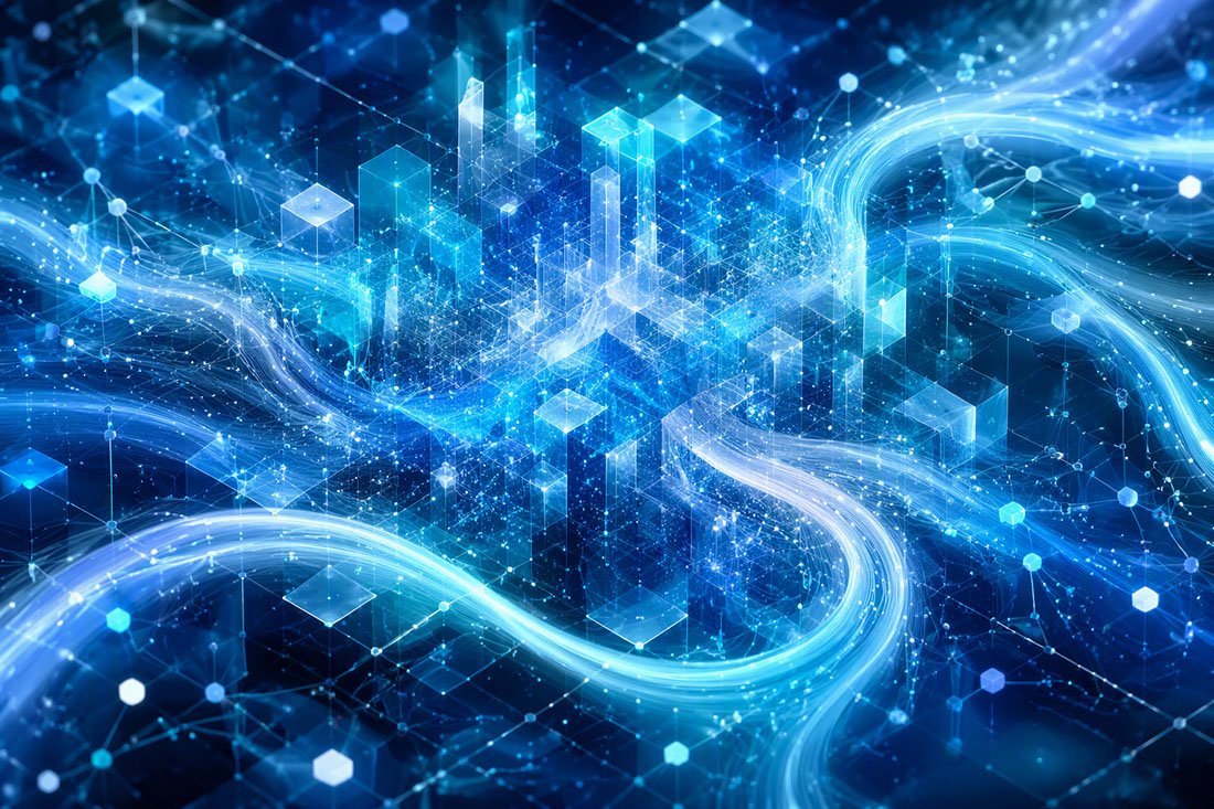 Abstract digital illustration of an interconnected knowledge network composed of glowing blue and cyan pathways, geometric data nodes and translucent architectural structures. Flowing streams of light weave through a dense system of connected points and layered shapes, suggesting information exchange, computational intelligence and scientific discovery. The image uses a palette of deep blues, teals and white illumination with a complex, full-frame composition and no text or people.