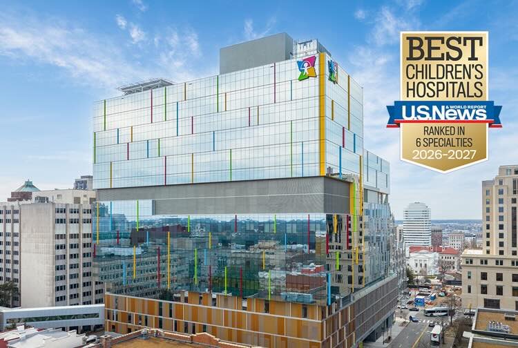 Aerial view of the CHoR children's tower with the U.S. News and World Report Best Children's Hospital Badge for 2026-2027