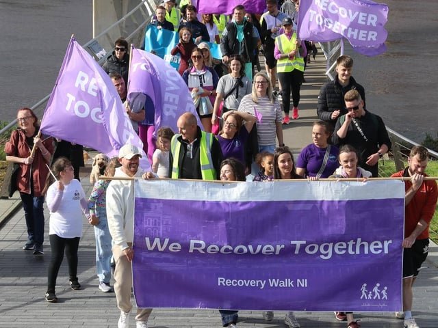 Recovery Walk NI coming over The Peace Bridge to celebrate recovery, community, life and courage in Ebrington Square.   (Photo - Deirdre Heaney, nwpresspics)
