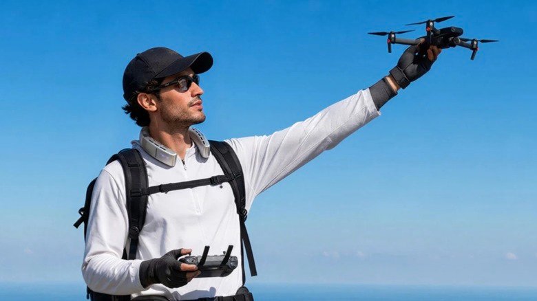 A mn wearing the Coolify Cyber Fold while launching a drone.