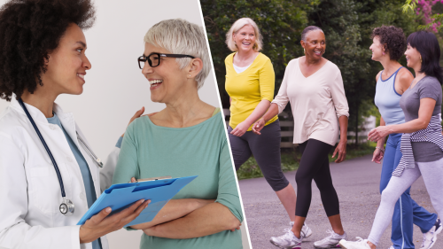 Photo collage, left image of healthcare provider talking to middle-age woman. Right image of 4 diverse middle-aged women on a walk in the park.