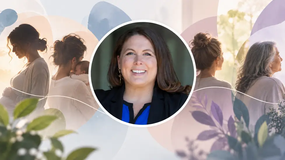 Portrait of Amber Ensley over a softly faded background depicting women across reproductive life stages, from pregnancy and postpartum through midlife and menopause.