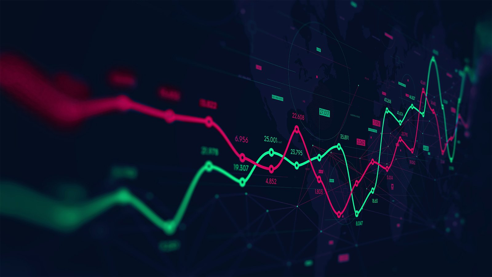 A dark digital chart showing fluctuating red and green lines representing market trends or stock performance against a faint world map background.