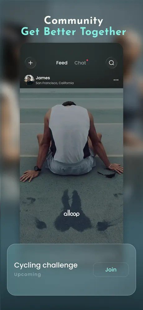 Alloop's community feature showing a person bent over and sitting on a track with a notification for an upcoming cycling challenge.