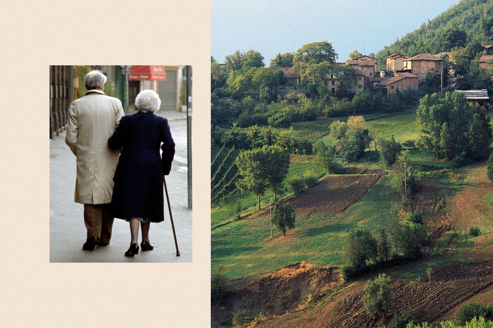 Left: an elderly couple. Right: green hills.
